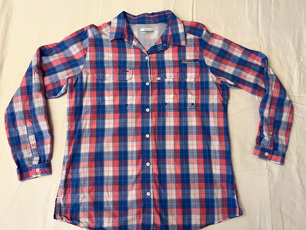 Columbia Womens L Plaid Fishing Shirt Vented Mesh Back Roll Tab Long Sleeve